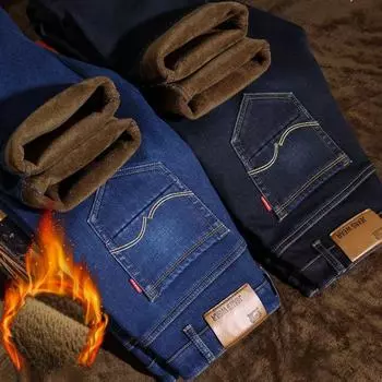 Зимние утепленные эластичные мужские джинсы мужские прямые свободные зимние теплые джинсовые длинные мужские брюки прилив 28