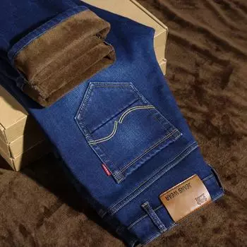 Зимние утепленные эластичные мужские джинсы мужские прямые свободные зимние теплые джинсовые длинные мужские брюки Tide 28