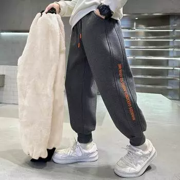 Зимние утепленные брюки из бархата для мальчиков, спортивные брюки, спортивные штаны для детей, флис ягненка, теплые цельные флисовые детские брюки 170 чёрный