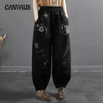 Зимние утепленные джинсы в этническом стиле, женские брюки-фонарики с резинкой на талии, брюки-арлекин, широкие брюки M чёрный