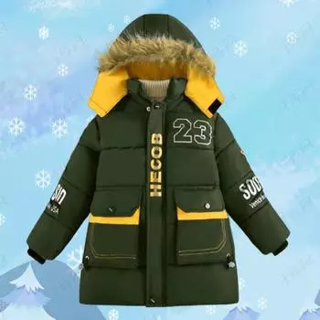Зимние утепленные куртки для мальчиков, детские повседневные хлопковые пуховики, модные теплые парки с меховым воротником для больших детей, новая подростковая одежда с капюшоном 120 чёрный