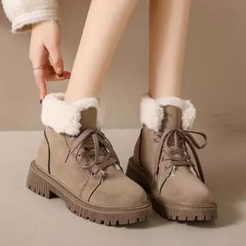 Зимние утепленные плюшевые зимние сапоги женские модные лоскутные ботильоны на платформе из овечьей шерсти женские теплые хлопковые туфли на шнуровке 35
