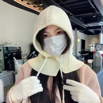 Зимние утепленные шапки-балаклавы для женщин и девочек, вязаные шапки с капюшоном, шарф и перчатки, комплект, цельный воротник на завязках, шапки-бини One Size серый