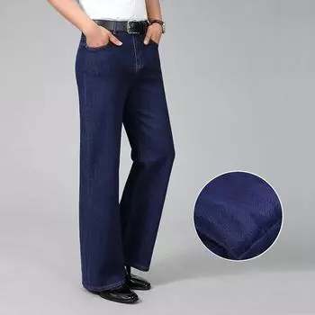 Зимние утолщенные эластичные свободные джинсы из флиса Классический дизайн расклешенных джинсов с высокой талией 28 темно-синий