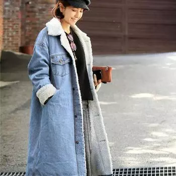 Зимние утолщенные длинные бархатные джинсовые плащи, зимние длинные плащи для женщин, однобортные дизайнерские джинсовые пальто S синий