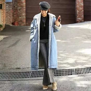 Зимние утолщенные длинные бархатные джинсовые плащи, зимние длинные плащи для женщин, однобортные дизайнерские джинсовые пальто S синий