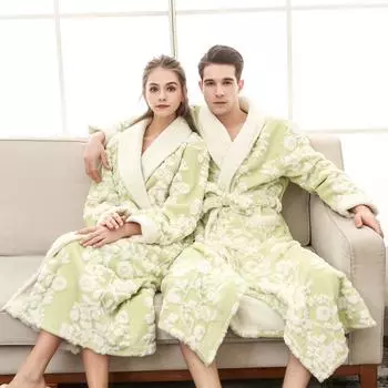 Зимние утолщенные фланелевые кимоно халаты женские винтажные цветочные жаккардовые женские утолщенные теплые плюшевые банные халаты пижамы одежда для сна M зелёный
