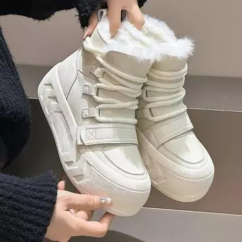Зимние утолщенные плюшевые ботильоны женские 2024 новые теплые зимние ботинки из искусственной кожи женские черные зимние ботинки на шнуровке на плоском каблуке из хлопка 35 покинуть белый