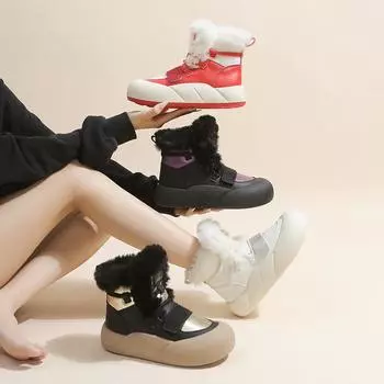 Зимние утолщенные плюшевые ботильоны женские 2024 новые теплые зимние ботинки из искусственной кожи женские черные зимние ботинки на шнуровке на плоском каблуке из хлопка 35 бежевый