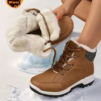 Зимние утолщенные плюшевые ботильоны женские новые водонепроницаемые нескользящие зимние ботинки женские уличные ботинки из искусственной кожи на шнуровке теплые хлопковые ботинки 37 коричневый