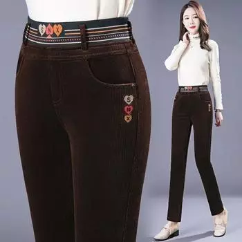 Зимние утолщенные плюшевые брюки-карандаш с подкладкой, теплые облегающие вельветовые брюки с высокой талией, офисные винтажные брюки для мам, большой размер XXXXL чёрный