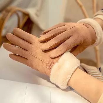 Зимние утолщенные плюшевые перчатки женские кожаные перчатки все пальцы теплые холодостойкие однотонные элегантные варежки модные аксессуары One Size