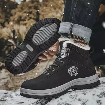 Зимние утолщенные плюшевые теплые ботинки для мужчин, модные рабочие ботинки на шнуровке, нескользящие ботинки с мехом, теплые мужские зимние ботинки 7