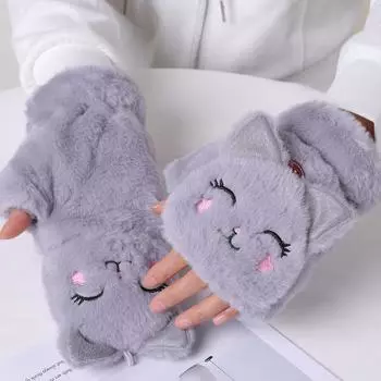Зимние варежки с изображением кота и кролика, перчатки без пальцев, толстые мягкие плюшевые зимние теплые перчатки для женщин и девочек, перчатки с откидной крышкой на половину пальца One Size