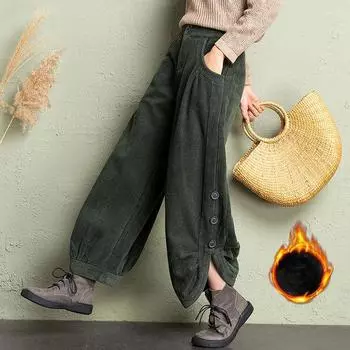 Зимние вельветовые брюки-шаровары из бархата с разрезом, винтажные мешковатые теплые женские брюки, повседневные брюки с высокой талией из плюша и плотной ткани длиной до щиколотки XXL чёрный