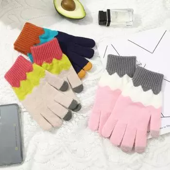 Зимние велосипедные перчатки с цветными блоками, вязаные эластичные, мягкие, теплые, противоскользящие, теплые, ветрозащитные, на пять пальцев, утолщенные перчатки унисекс с сенсорным экраном