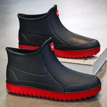 Зимние ветрозащитные резиновые сапоги для мужчин, мужские резиновые сапоги до щиколотки, модные туфли для рыбалки, мужские водонепроницаемые рабочие повседневные ботинки 2024 39 чёрный
