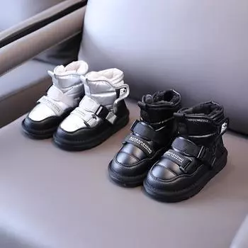 Зимние водонепроницаемые модные ботинки для девочек, повседневная детская обувь унисекс, водонепроницаемые теплые простые зимние ботинки, модные ботинки для мальчиков на толстой подошве 25insole15.8cm чёрный