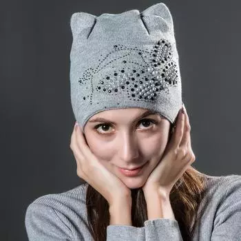 Зимние вязаные бархатные теплые шапки с милыми кошачьими ушками и бабочками, шапки-бини для женщин, модные шапки, повседневная шапка для женщин чёрный