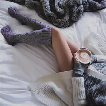 Зимние вязаные длинные носки женские чулки выше колена колготки выше колена носки теплые флисовые чулки для женщин One Size белый