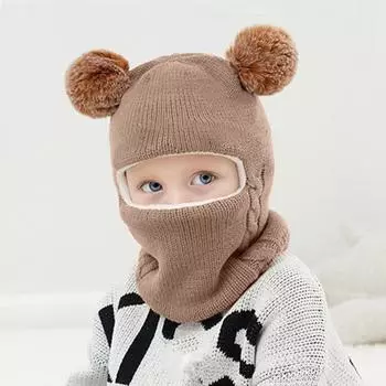 Зимние вязаные головные уборы для маленьких мальчиков и девочек, плюшевый декор в виде шариков, детская вязаная шапка, теплая флисовая подкладка, детская шапка с ушками серый