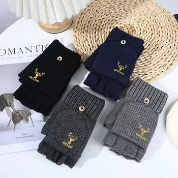 Зимние вязаные перчатки мужские полупальцевые для езды на велосипеде на открытом воздухе плюс бархатные теплые вышитые рога сенсорный экран полупальцевый чехол-книжка average size