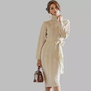 Зимние вязаные платья 2020, европейская водолазка, повседневное тонкое платье-свитер, женская одежда, пуловеры One Size бежевый