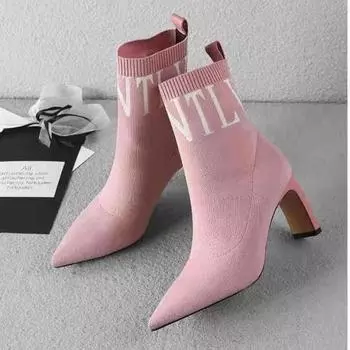 Зимние вязаные сапоги на высоком каблуке для женщин, трансграничные сапоги большого размера с толстым грубым каблуком и острым носком 35-43 35 чёрный