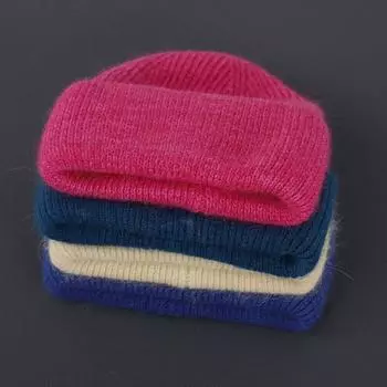 Зимние вязаные шапки из натурального кроличьего меха для женщин, модные однотонные теплые шапки из кашемировой шерсти, женские складные толстые шапки