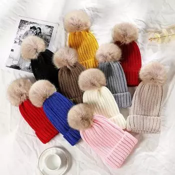 Зимние вязаные шапки со съемным помпоном, толстая женская шапка-помпон из искусственного меха, помпон из акрила, роскошная шапка-бини чёрный