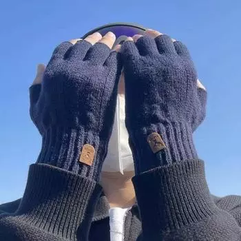 Зимние вязаные толстые термальные женские перчатки с полупальцами, теплые перчатки из хлопка и шерсти для вождения, без пальцев, для сенсорного экрана One size чёрный