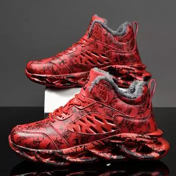 Зимние высокие хлопковые кроссовки с граффити 2025 года мужские бархатные термокроссовки полностью кожаная поверхность ультралегкие полностью красные желтые старые 39