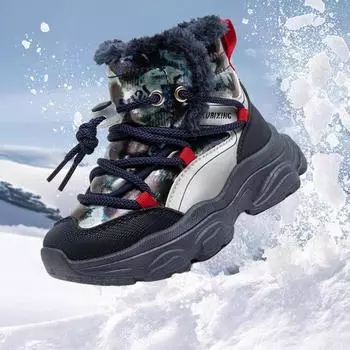 Зимние высокие меховые хлопковые ботинки для девочек, детские меховые сапоги для мальчиков, теплые водонепроницаемые нескользящие детские зимние сапоги, модные плюшевые кроссовки 26 чёрный