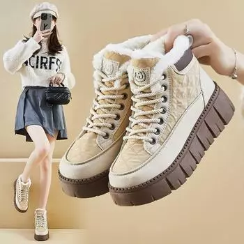 Зимние высокие туфли 2024 года из бархата и белого цвета, новая корейская версия, женские студенческие спортивные туфли, увеличивающие рост, повседневные 35 белый