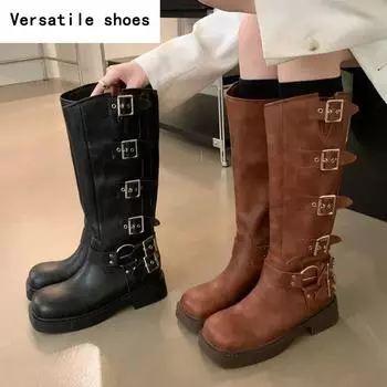 Зимние высокие женские сапоги, модные сапоги с металлическим украшением, сапоги до колена, женские осенне-зимние сапоги для девочек, рыцарские сапоги 35