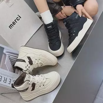 Зимние высокие женские снегоступы 2024 года: Толстая подошва, модная, с бархатной подкладкой, теплая повседневная обувь 39 коричневый/бежевый