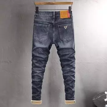 Зимние высококачественные фирменные вышитые модные брендовые джинсы 2024 года, мужские облегающие прямые теплые брюки в корейском стиле с флисовой подкладкой 28 синий