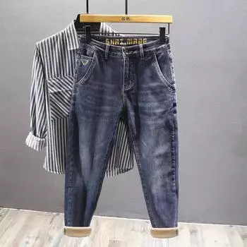 Зимние высококачественные фирменные вышитые модные брендовые джинсы 2024 года, мужские облегающие прямые теплые брюки в корейском стиле с флисовой подкладкой 28 синий