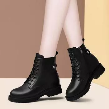Зимние высококачественные повседневные женские ботинки Plus Velvet Весенние туфли женские Толстый каблук Толстая подошва Короткие ботинки Теплая кожаная обувь 35