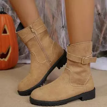 Зимние высококачественные женские сапоги, модные, однотонные, с круглым носком, пряжкой, на низком каблуке, универсальные, с боковой молнией 36 чёрный