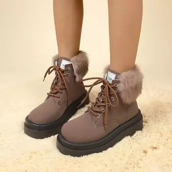 Зимние высококачественные женские туфли, однотонные, с круглым носком, на высоком каблуке, со шнуровкой, короткие женские модные ботинки 35