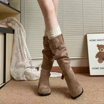 Зимние высококачественные женские высокие сапоги, модные, с круглым носком, на среднем каблуке, однотонные, с пряжкой, замшевые женские модные сапоги 35