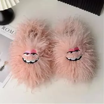 Зимние забавные пушистые тапочки, теплые и удобные, милые плюшевые тапочки с изображением улыбающегося монстра чёрный