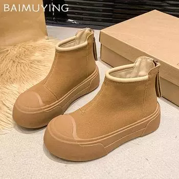 Зимние замшевые женские ботильоны на платформе, дизайнерские туфли на молнии со средним каблуком, тренд 2025 года, новый бренд, теплые повседневные ботинки Botas De Mujer 35 чёрный