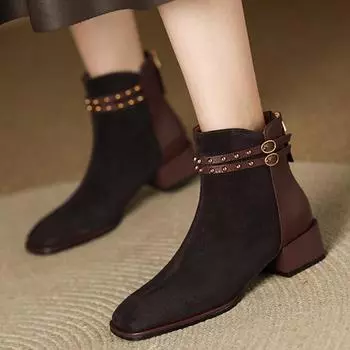 Зимние замшевые женские зимние ботильоны на среднем каблуке дизайнерские туфли в стиле ретро с квадратным носком массивные ботинки челси 2024 года тренд готика zapatos mujer 35 чёрный