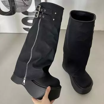 Зимние женские байкерские ботинки, модные женские элегантные длинные ботинки на платформе с пряжкой на платформе, повседневные женские сапоги до колена 37