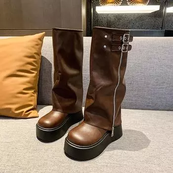 Зимние женские байкерские ботинки, модные женские ботинки с пряжкой на ремне, на платформе, на танкетке, длинные ботинки-трубы, повседневные женские ботинки до колена 35
