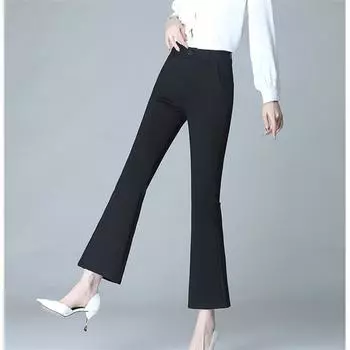 Зимние женские бархатные повседневные расклешенные брюки с высокой талией, прямые длинные брюки, элегантные эластичные утепленные повседневные брюки, брюки S чёрный