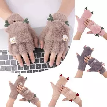 Зимние женские бархатные утепленные перчатки для взрослых с милыми мультяшными точками и пальцами розовый