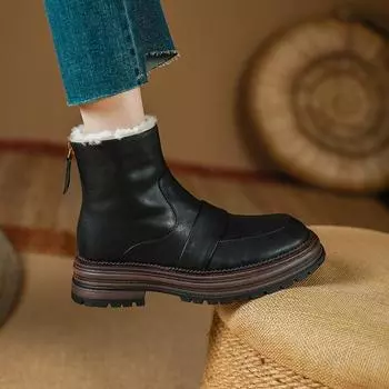 Зимние женские ботильоны 2025 года из натуральной кожи на высоких платформах и каблуках из шерсти, зимние ботинки, размер молнии, короткие теплые ботинки, базовые ботинки 34 чёрный